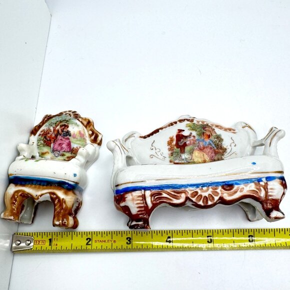 Miniature Hand Painted Porcelain Dollhouse Furniture 3 Pc Set Occupied Japan Vtg - Picture 5 of 8